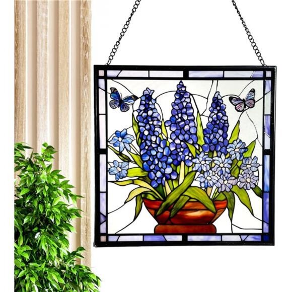 Blau Iris Suncatcher Aus Echtem Buntglas – Ca. 17,8 Cm Hoch, Mit Silbernem Finish